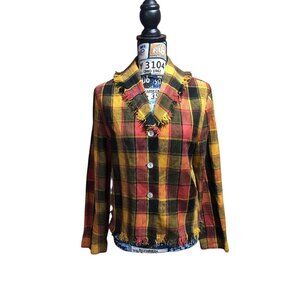 Stonebridge Scarecrow Multi Fall Color Patchwork Fringe Trim Button Blazer Sz M